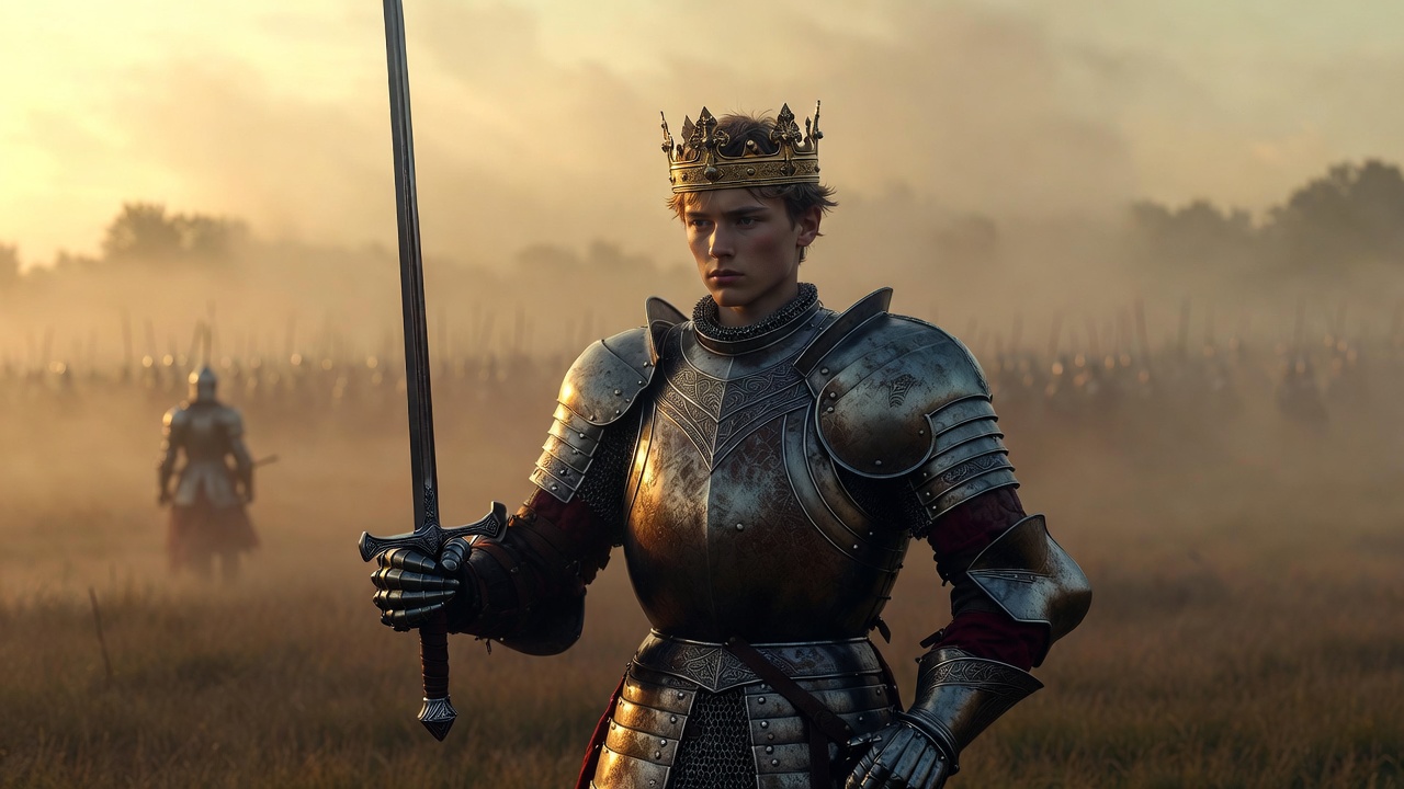 Historical King Henry V in medieval armor on battlefield