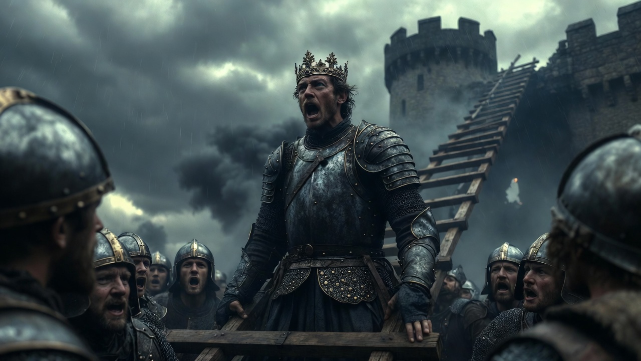 King Henry V inspiring troops during Harfleur siege Shakespeare