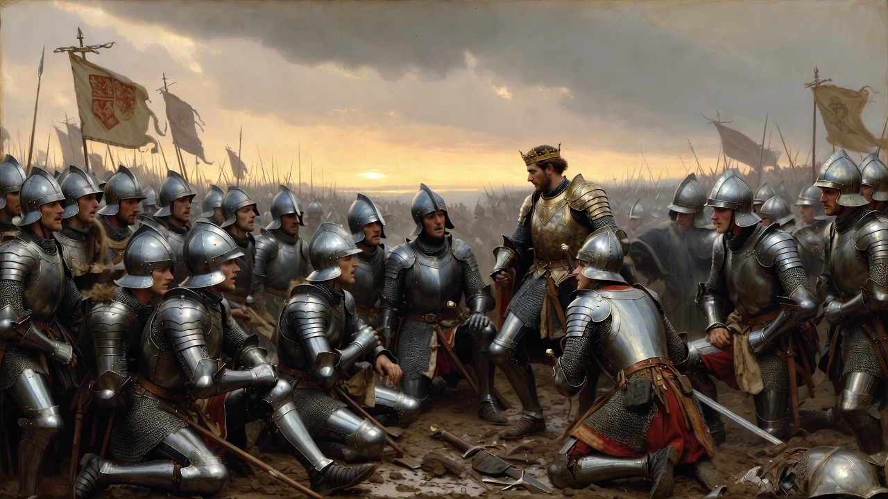 Henry V and soldiers band of brothers moment before Agincourt