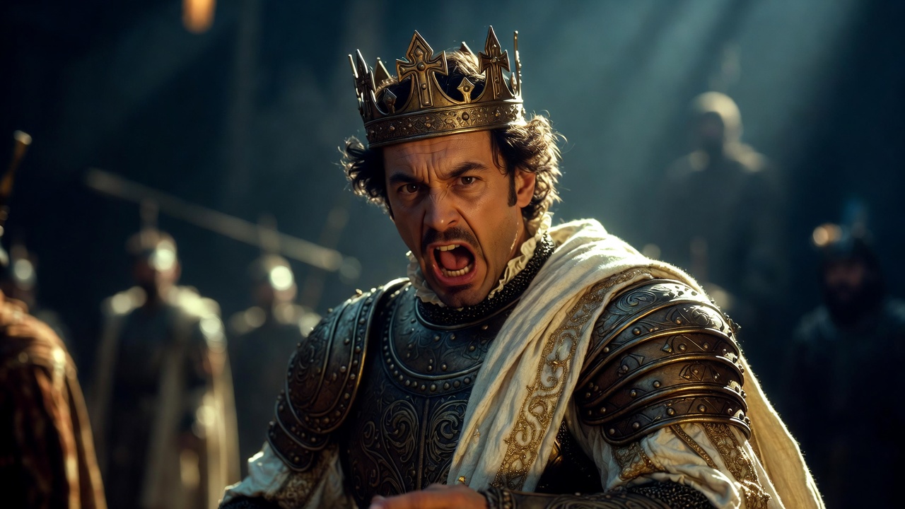 Actor performing one of Henry V's iconic monologues in full medieval armor on stage.