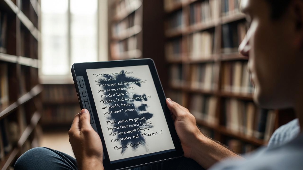Reader accessing Shakespeare e-book digitally via tablet in a public library setting.