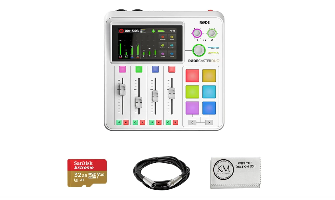 RODECaster Duo Integrated Audio Production Studio with 20' XLR Cable and 32GB Micro-SD Card (White)