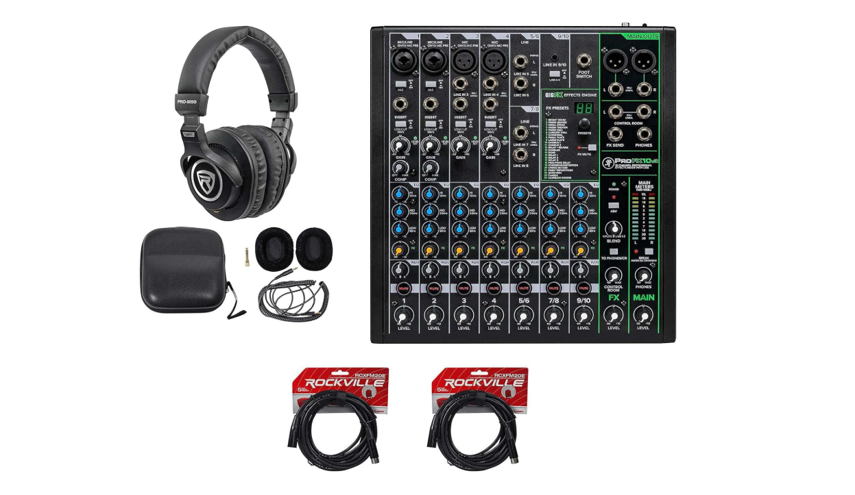 Mackie ProFX10v3 10-Channel Professional Effects Mixer w/USB ProFX10 v3 Bundle with Rockville PRO-M50 Studio Headphones and RCXFM20E-B 20 Foot Female to...