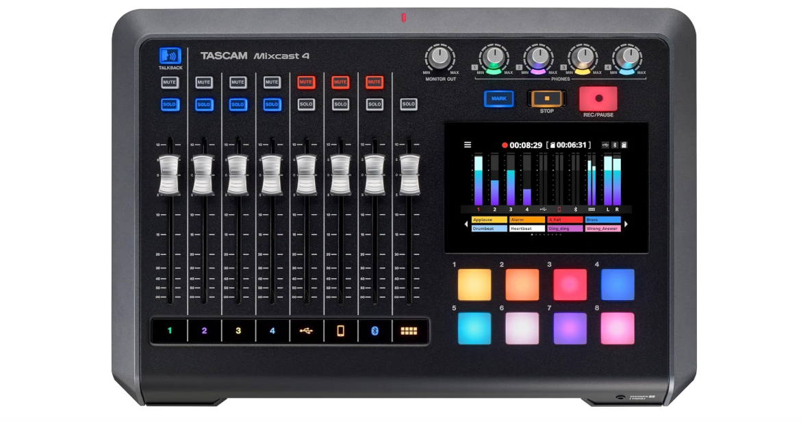 TASCAM Mixcast 4 Podcast Streaming Mixer, Recorder, and USB Audio Interface — Four XLR/TRS Mic Inputs, Touch Screen and Editing Software Included