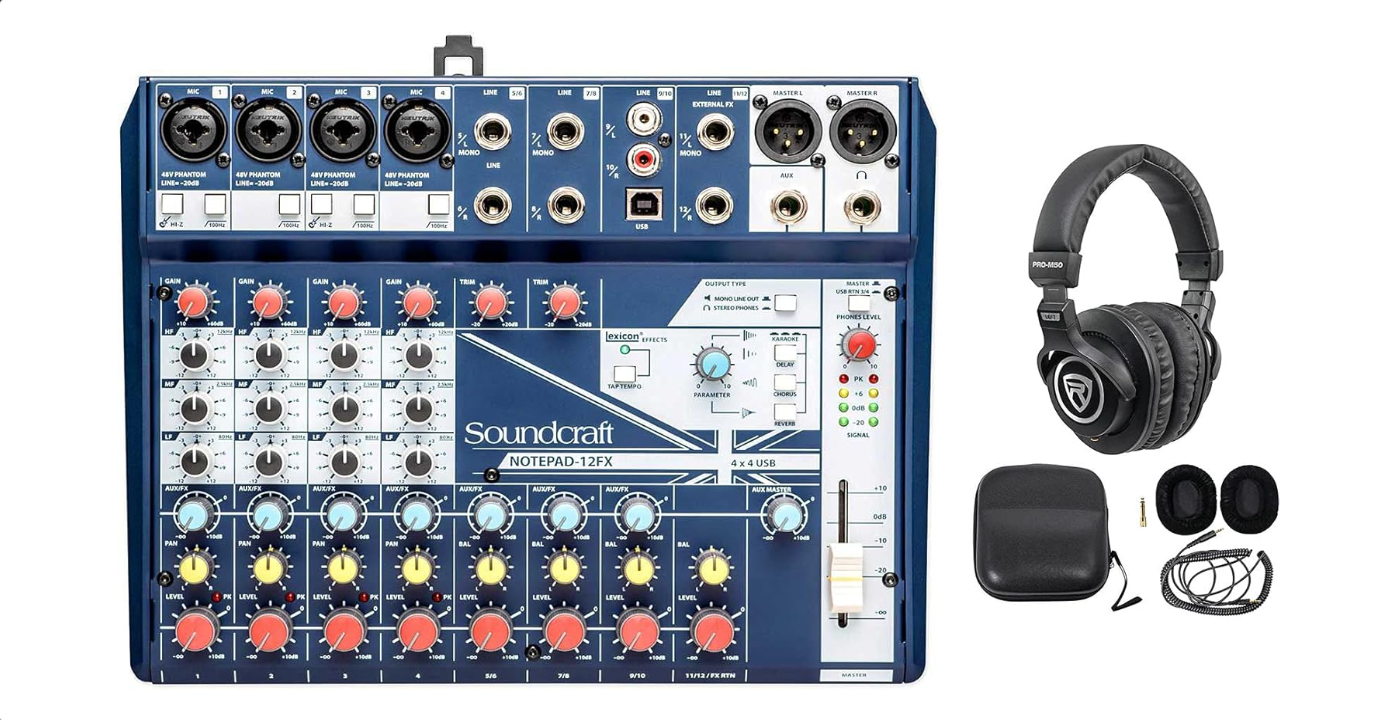 Soundcraft Notepad-12FX 12-Channel Mixer w/ 4x4 USB Interface with Lexicon Effects Bundle with Rockville PRO-M50 Studio Headphones w/Detachable Coil Cable,...