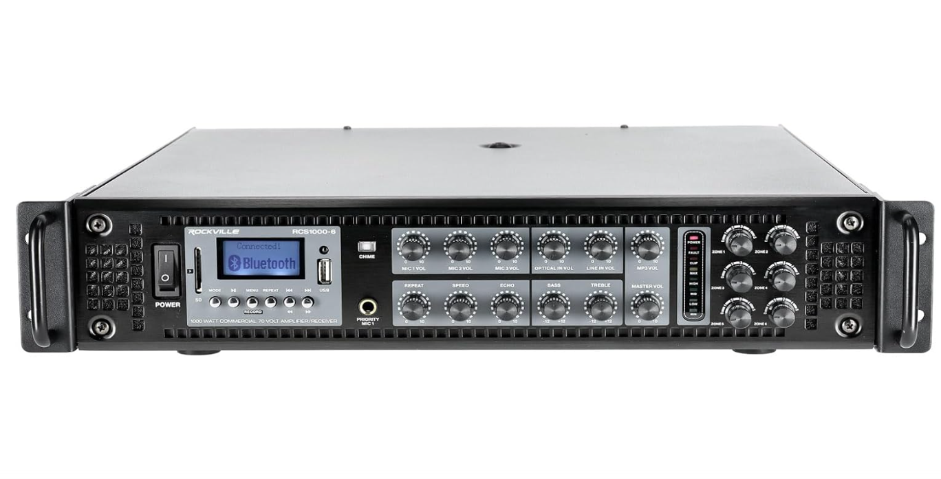 Rockville RCS1000-6 1000W 6-Zone Commercial Amplifier, Bluetooth, USB/SD Inputs, Echo Mic Controls, 70V/100V/8-Ohm Compatibility, Perfect for Restaurants,...
