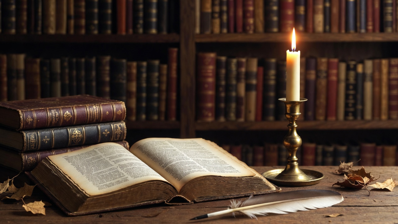 Cozy library setting with open Shakespeare book under candlelight, perfect for deep literary insights.