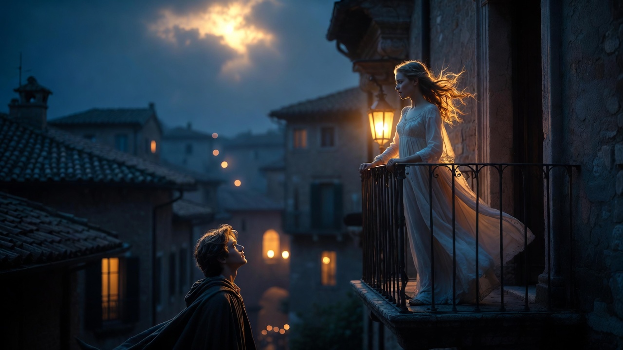 Romeo gazing up at Juliet on the balcony in Verona, classic romantic tragedy moment