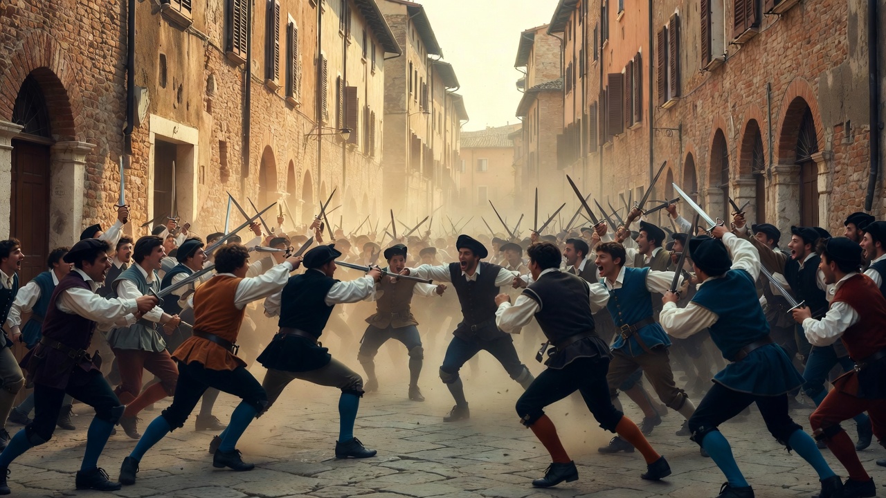 Montague and Capulet servants clashing in a violent street brawl in Verona