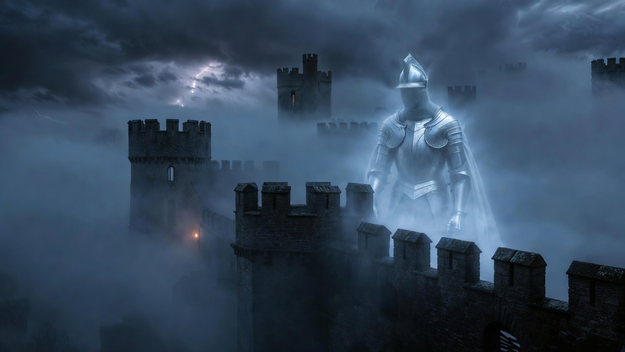 Ghost of King Hamlet appearing on the battlements of Elsinore castle at night