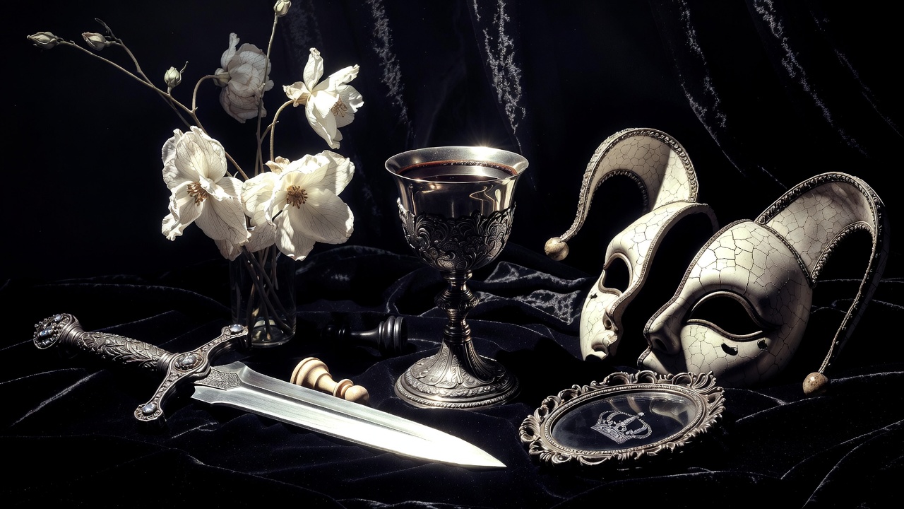 Symbolic objects representing major themes in Hamlet – revenge, deception, death, and appearance vs reality
