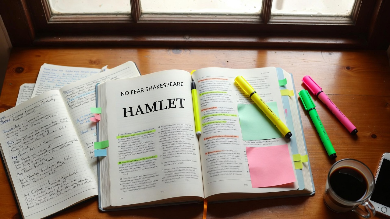 Student actively studying Hamlet using No Fear Shakespeare edition with highlighting and notes