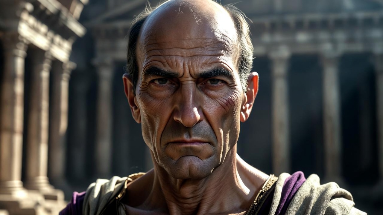 Historical portrait of Julius Caesar in his mid-50s showing realistic aging and Roman attire