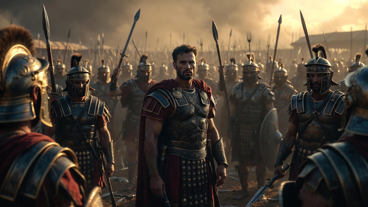 Julius Caesar inspiring loyalty among Roman legionaries on the battlefield