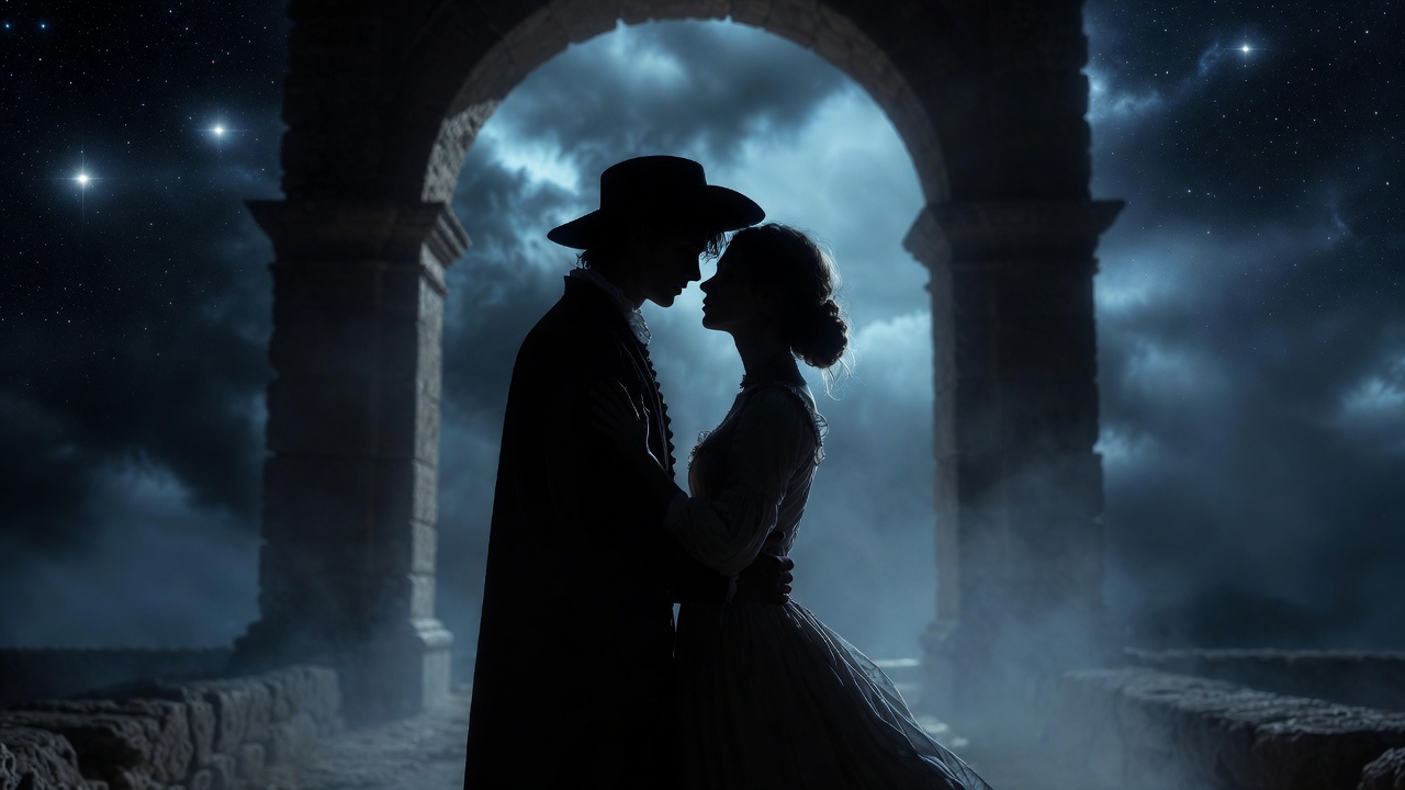 Silhouette of star-crossed lovers embracing under a fateful starry sky in Romeo and Juliet, evoking tragic foreshadowing