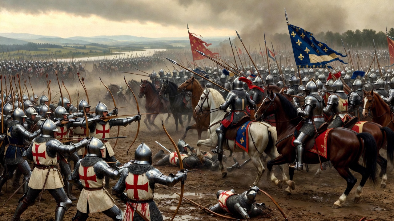 Battle of Agincourt 1415 historical scene muddy field English archers vs French knights medieval warfare