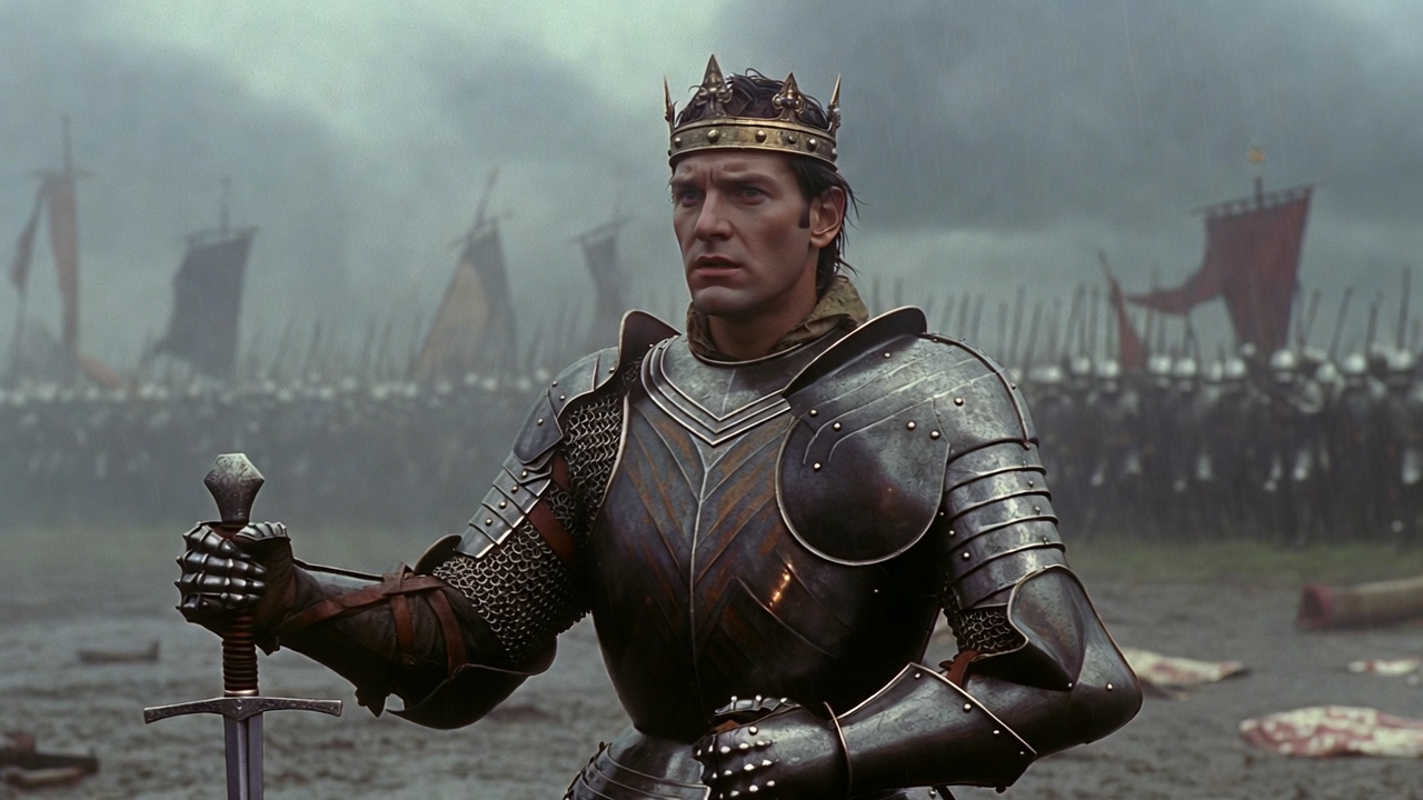 Kenneth Branagh as Henry V sword in hand Agincourt battlefield Shakespeare film adaptation muddy rain