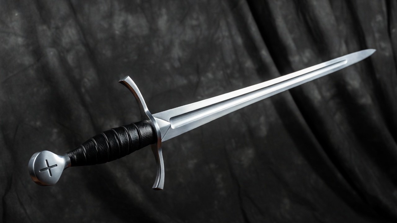 Modern replica Henry V medieval sword Arms and Armor style full view polished steel historical reproduction