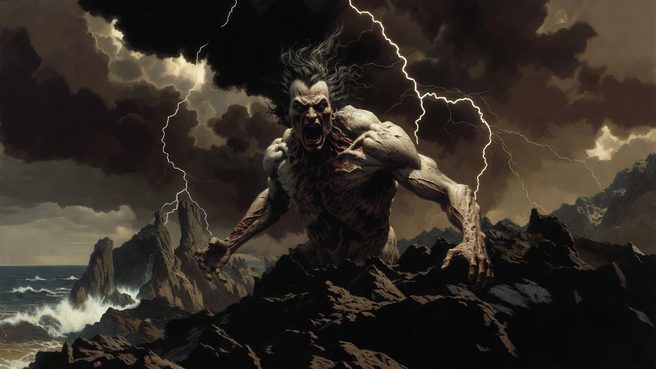 Monstrous Caliban-like figure from The Tempest representing Shakespearean giant parallel to WWE big men