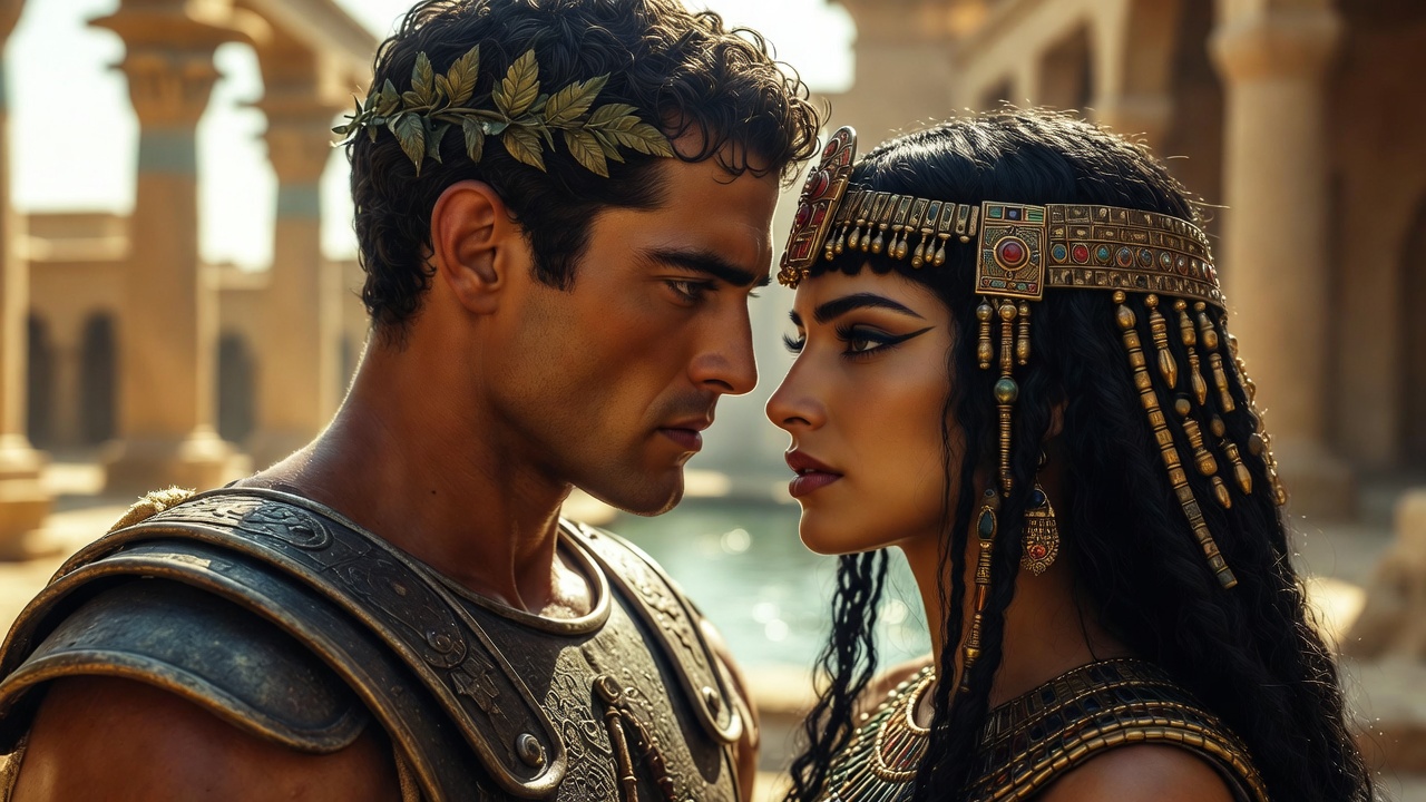 Marc Antony and Cleopatra in passionate embrace, symbolizing transcendent love in Shakespeare's Antony and Cleopatra