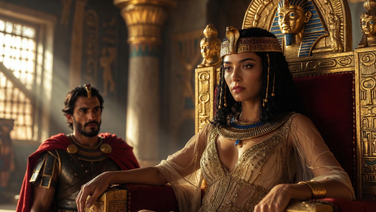 Cleopatra enthroned influencing Marc Antony's love, highlighting her power in Shakespeare's Antony and Cleopatra
