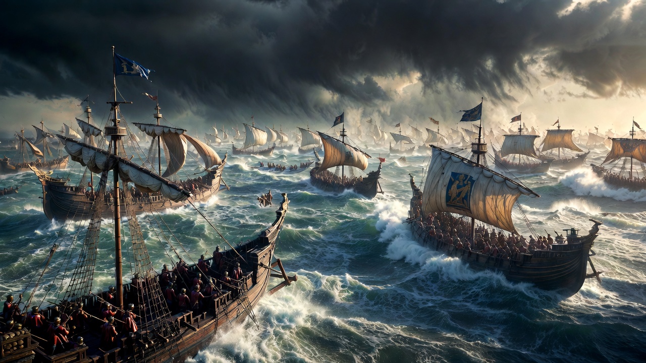 Battle of Actium with Antony following Cleopatra's fleeing ships, illustrating tragic downfall in Shakespeare's Antony and Cleopatra