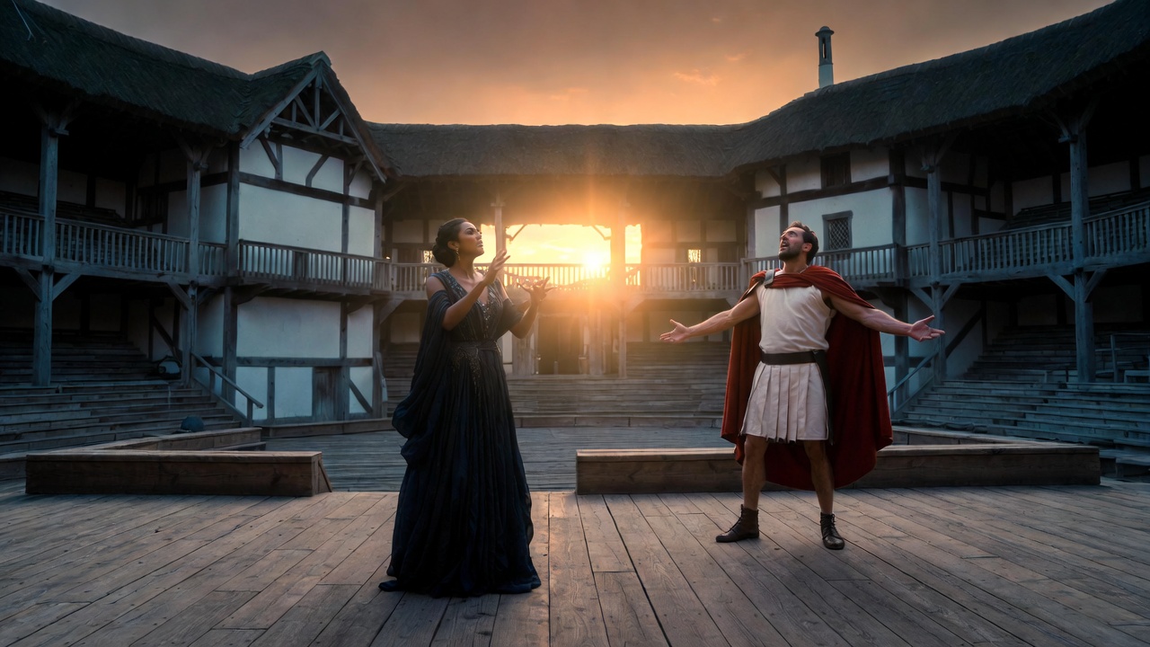 Shakespeare's Globe bilingual Antony and Cleopatra production showing Cleopatra signing in BSL and Antony speaking on the thrust stage.