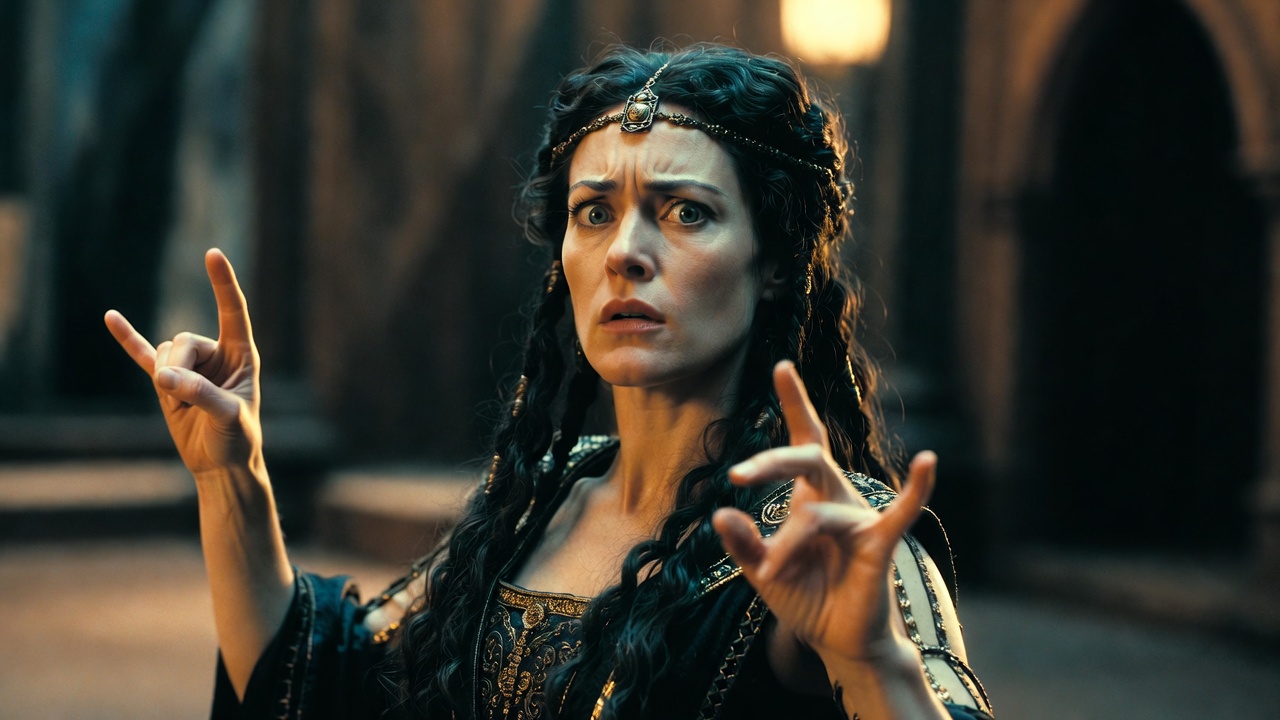 Nadia Nadarajah as Cleopatra in Shakespeare's Globe 2024 bilingual production, signing passionately in British Sign Language.