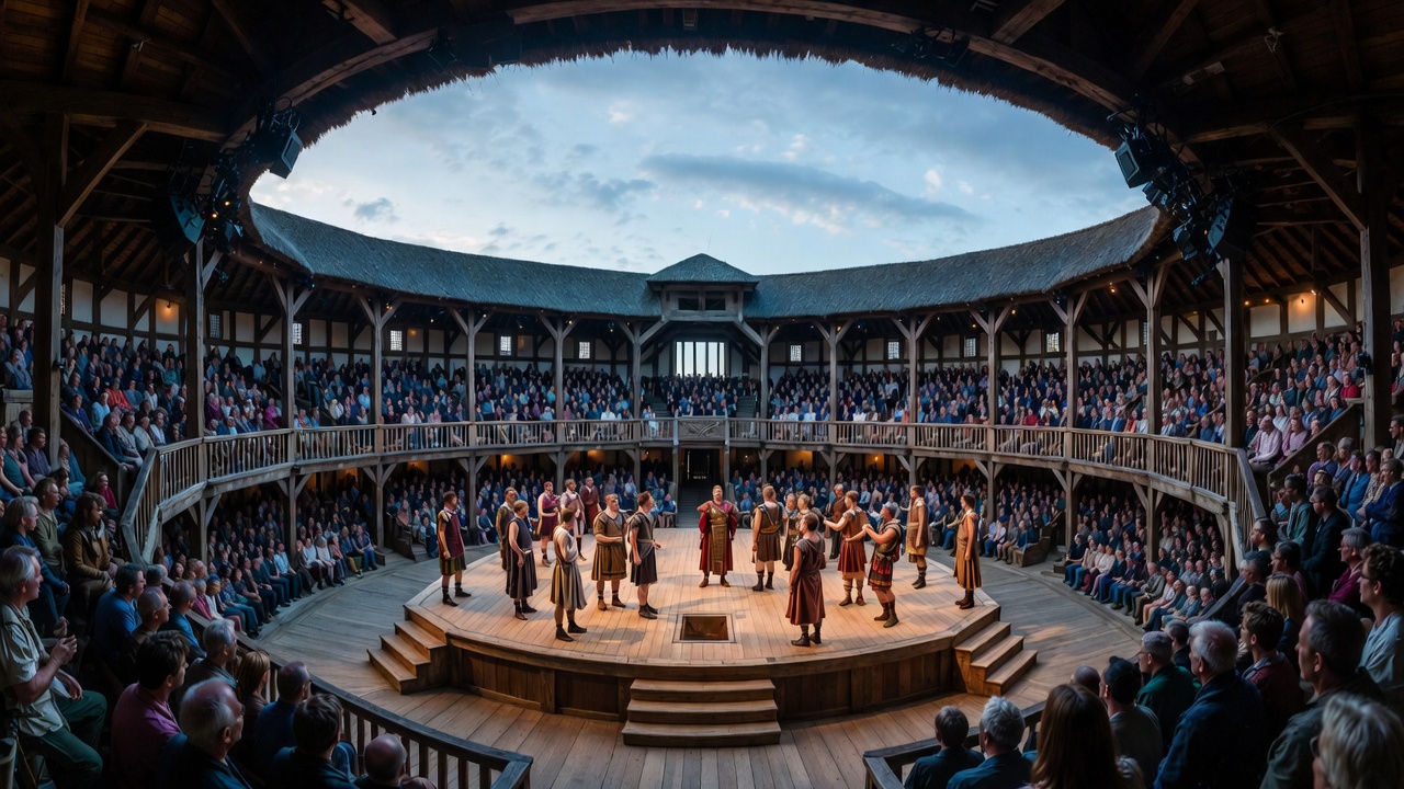 Ensemble cast on Shakespeare's Globe stage in the 2024 bilingual Antony and Cleopatra production, blending BSL and spoken English.