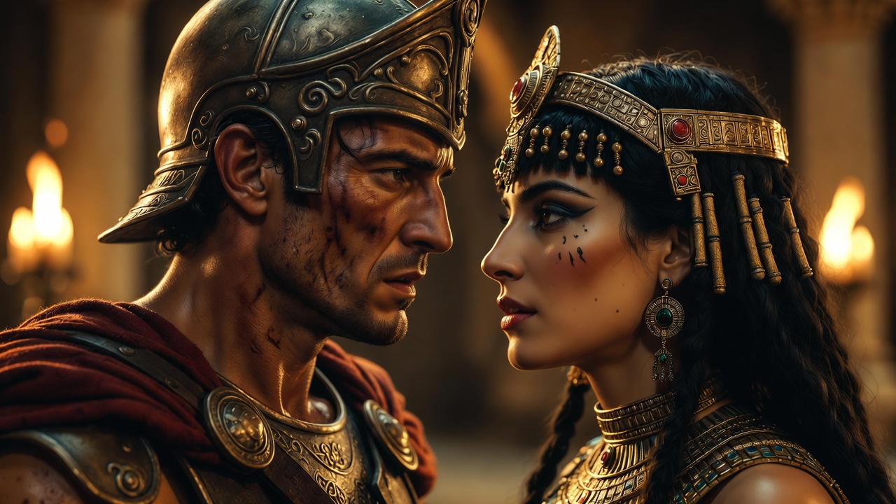 Mark Antony Cleopatra intense gaze passionate confrontation Shakespeare tragedy scene