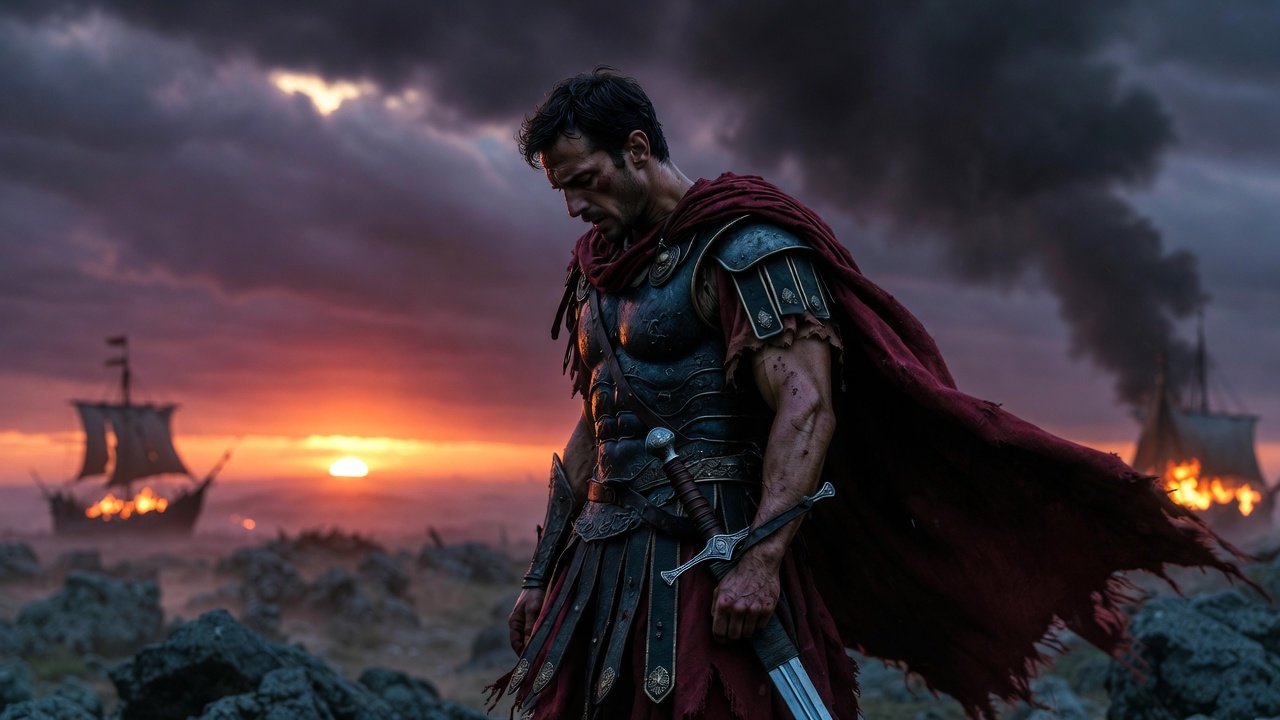 Mark Antony despair defeat Shakespeare tragedy battlefield sunset dramatic isolation