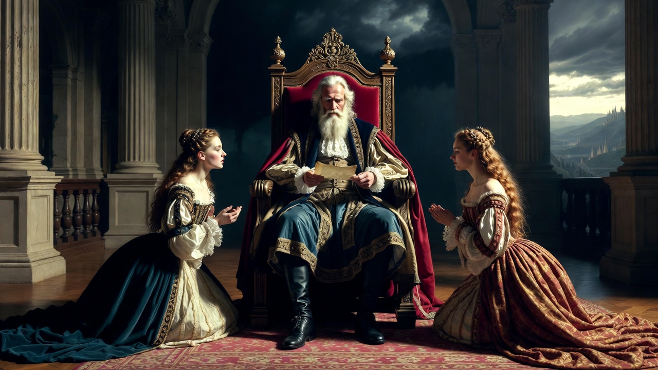 King Lear dividing his kingdom, dramatic scene showing selfishness in Shakespeare's tragedy