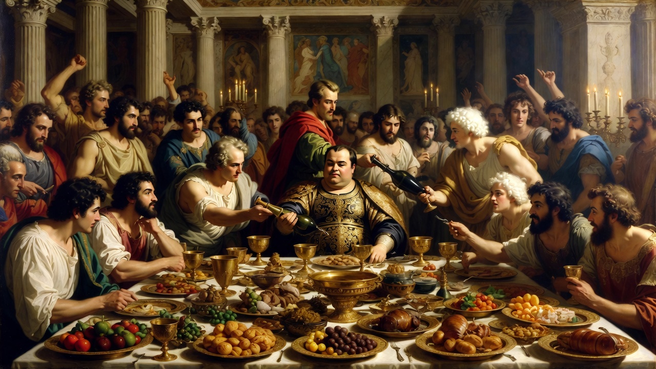 Timon hosting his extravagant banquet, illustrating false generosity in Shakespeare's Timon of Athens