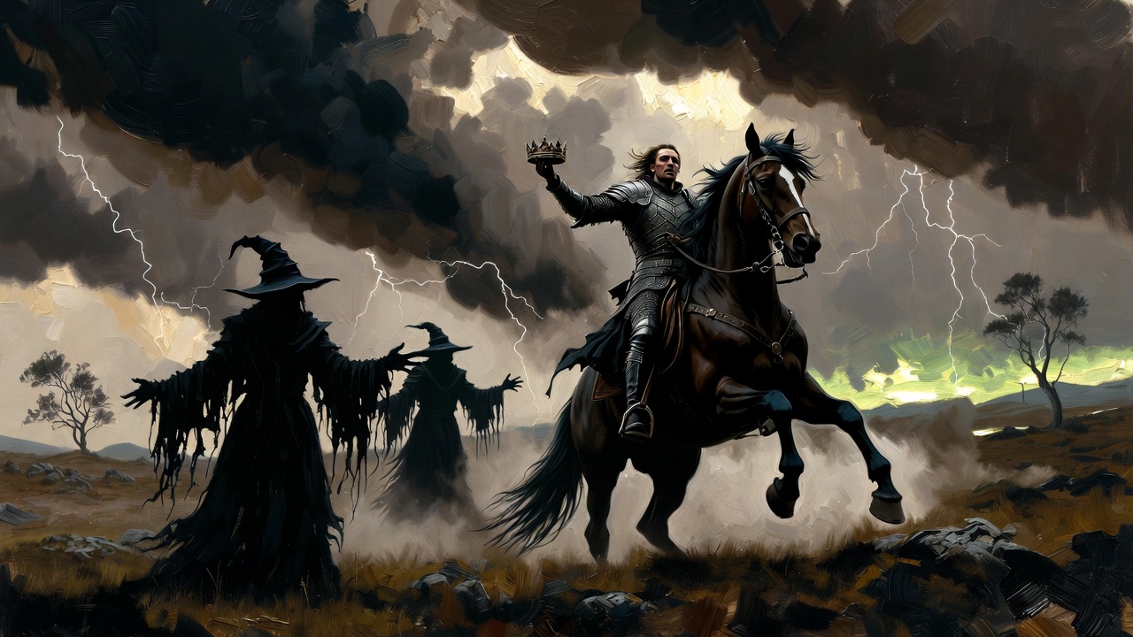 Macbeth meeting the witches, symbolizing greedy ambition in Shakespeare's Macbeth