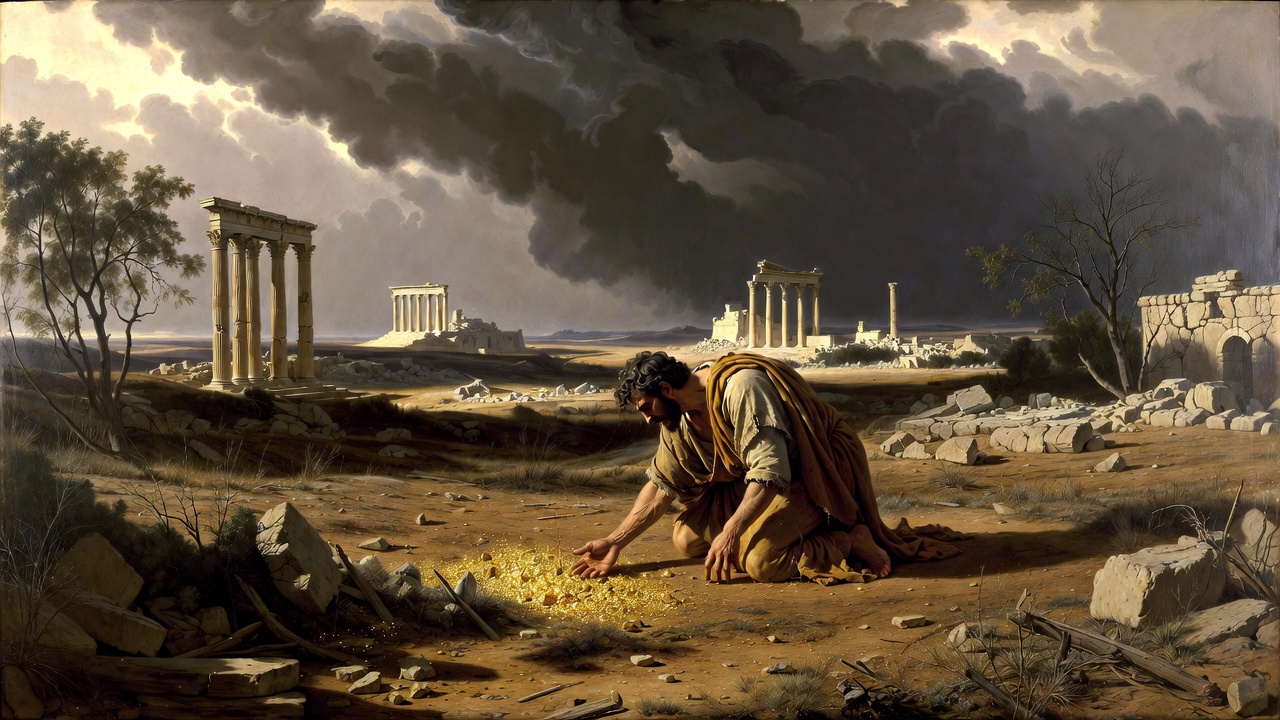 Timon cursing gold in the wilderness, powerful depiction of greed's emptiness in Shakespeare's Timon of Athens