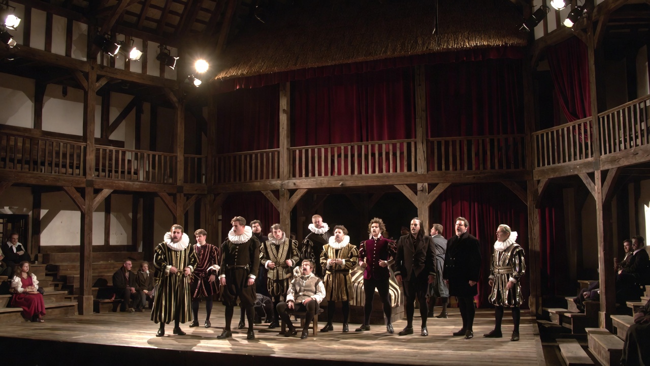 Elizabethan theater stage performance of Shakespeare, evoking timeless themes of generosity and vice