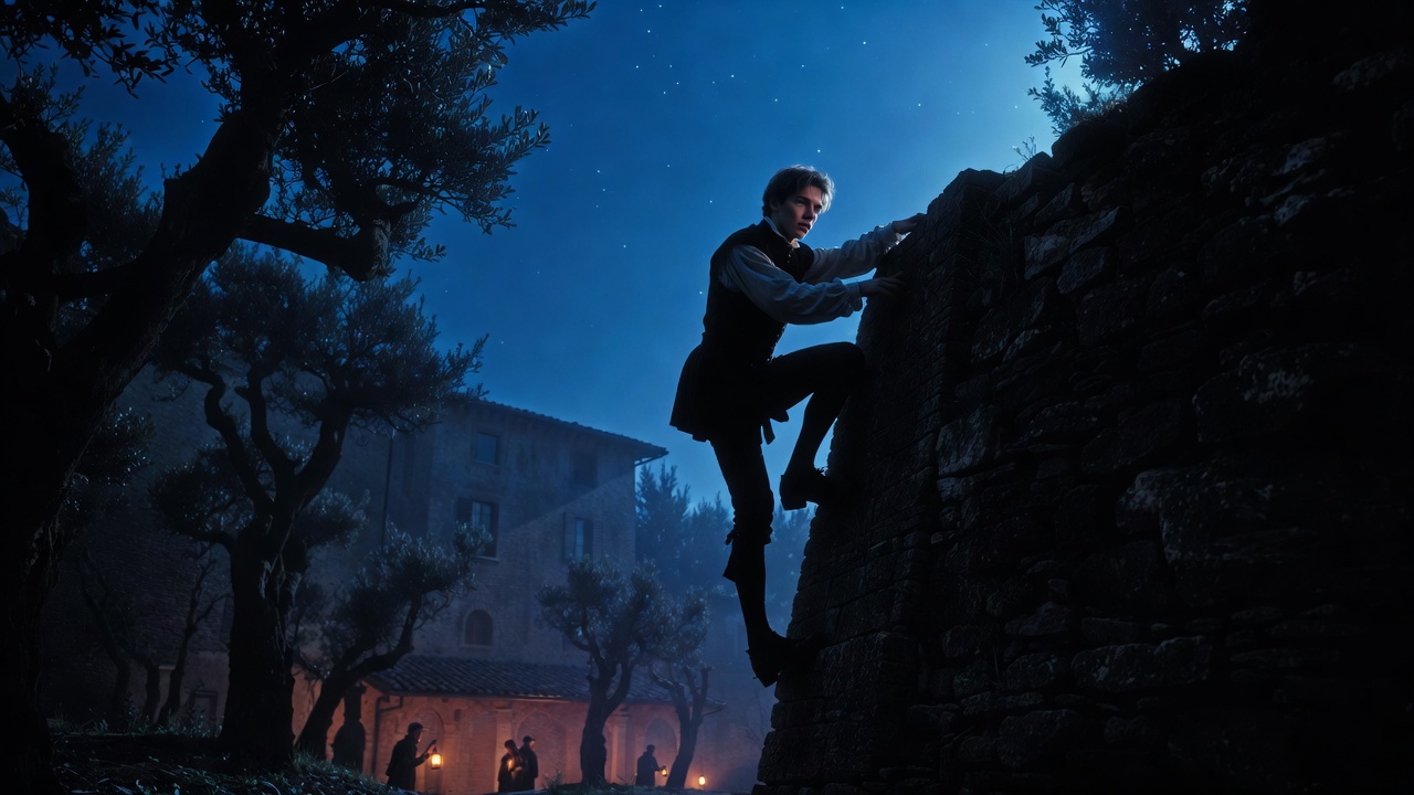 Romeo climbing the Capulet orchard wall at night in Romeo and Juliet Act 2 Scene 1