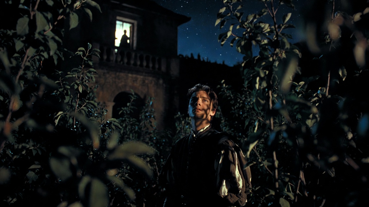 Romeo hidden in the Capulet orchard awaiting the balcony scene in Romeo and Juliet Act 2 Scene 1