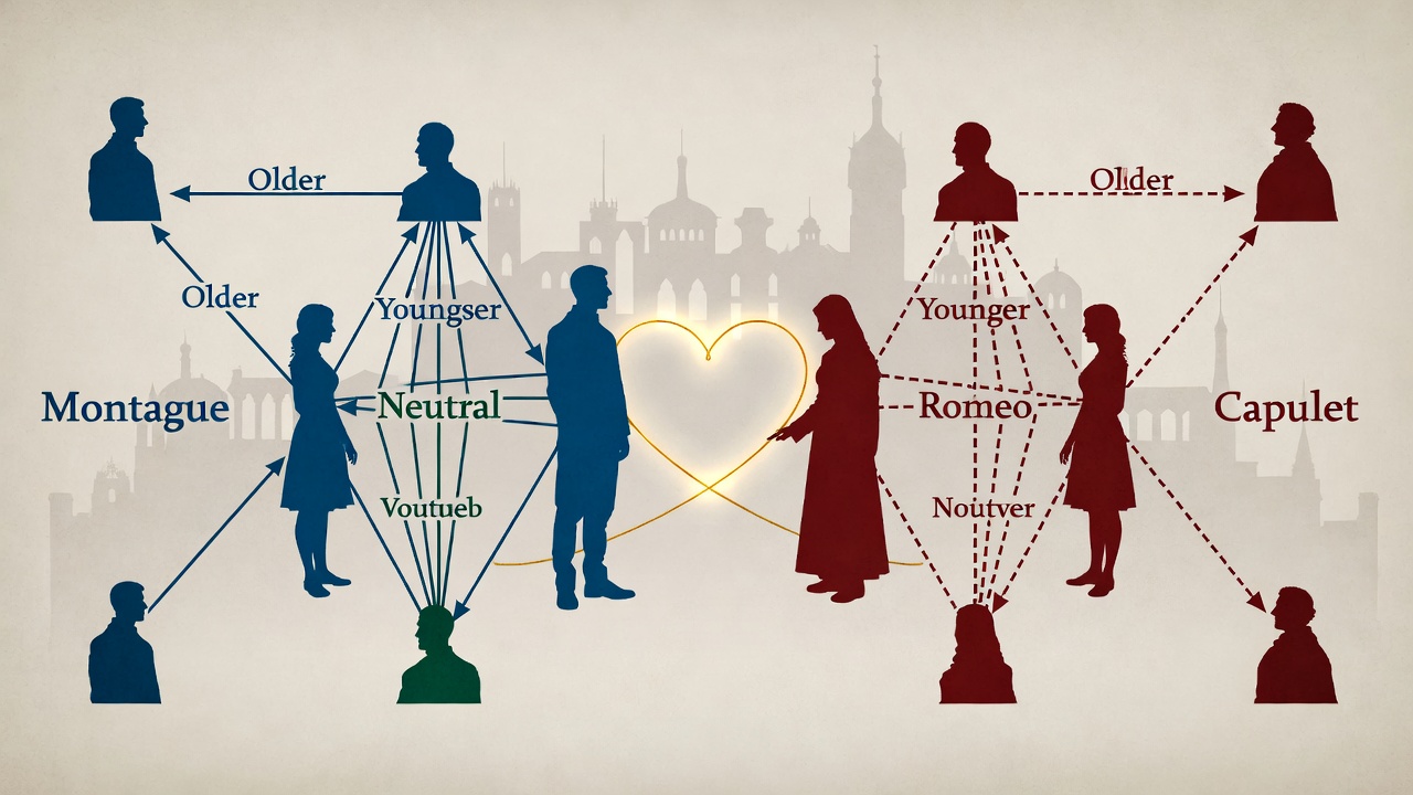Visual Romeo and Juliet character map showing Montague and Capulet family relationships with central lovers connected by romance
