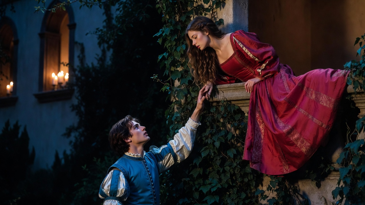 Romeo and Juliet balcony scene classic romantic moment under moonlight in Verona
