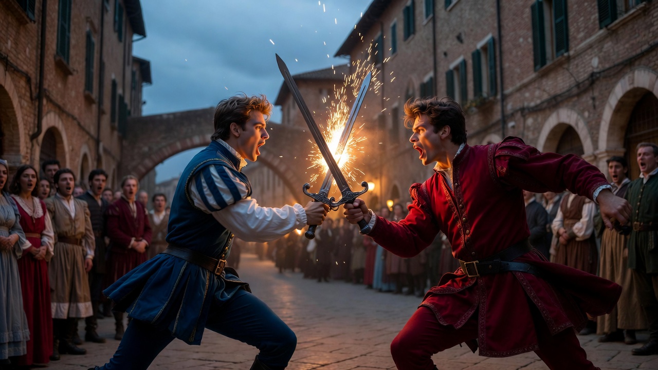 Tybalt and Romeo sword fight dramatic confrontation fueling the tragedy in Verona street
