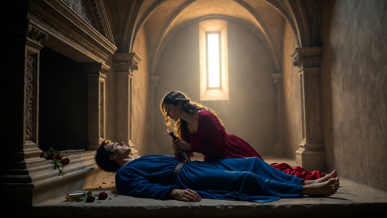 Tragic tomb scene of Romeo and Juliet final moments of love and death in Shakespeare's masterpiece