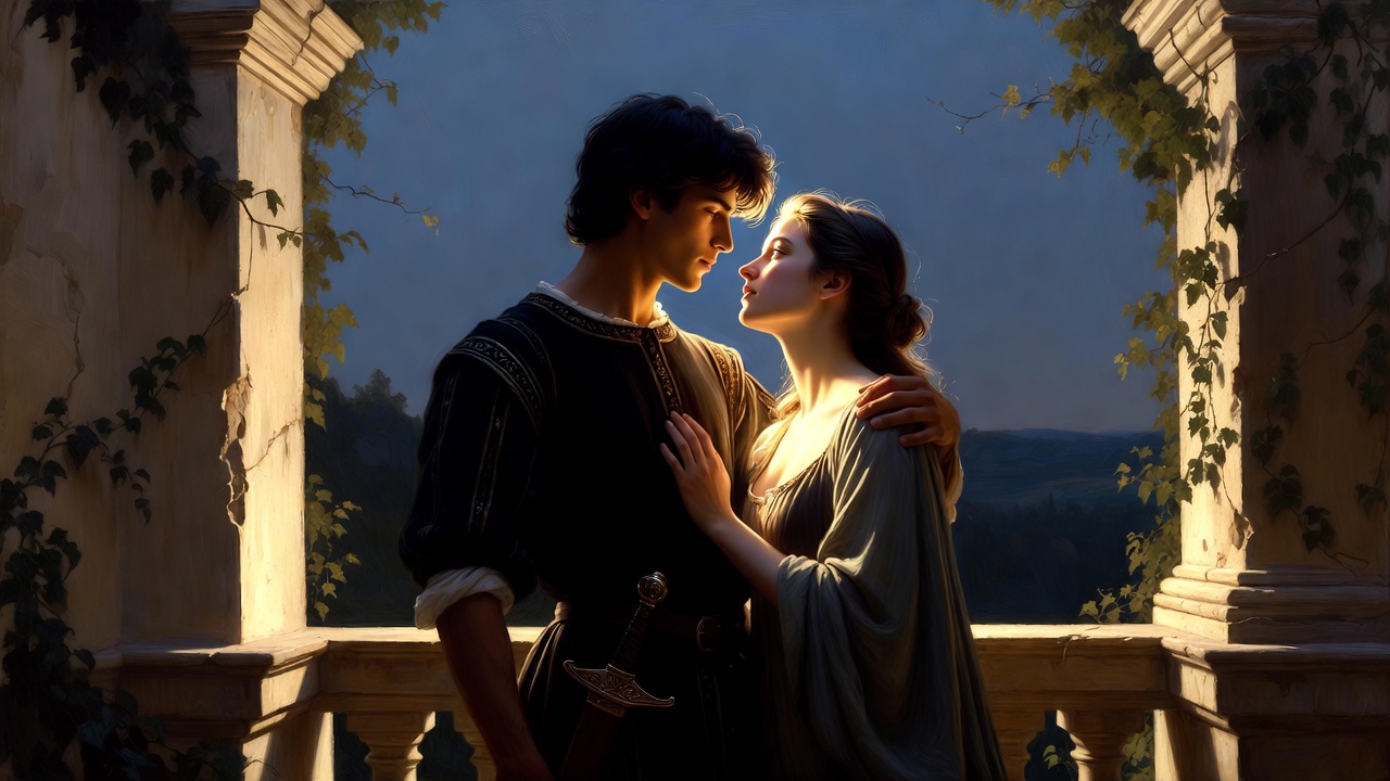 Classic artistic depiction of Romeo and Juliet as young lovers on a balcony, illustrating the origin of Romeo and Juliet laws