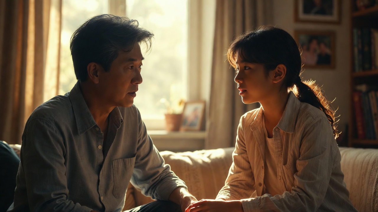 Parent and teenager in thoughtful conversation at home, highlighting family discussions about consent and Illinois Romeo and Juliet laws