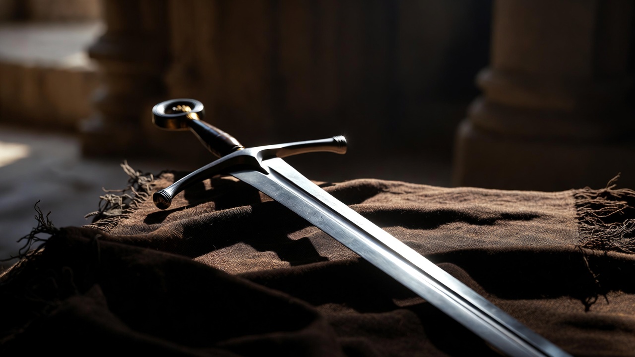 Close-up of the historic Sword of Henry V preserved at Westminster Abbey, showing its Type XVIII blade design and medieval craftsmanship