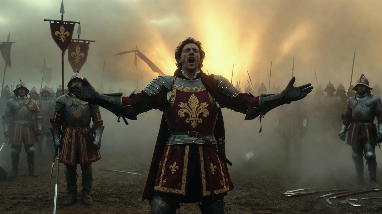 Actor portraying Shakespeare's Henry V delivering the famous St. Crispin's Day speech on a battlefield, evoking themes of brotherhood and heroism