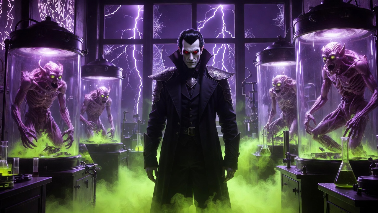 Henry Blackbrew the Doctor standing in his Trancendum Laboratories with mutant experiments and lightning effects in V Rising