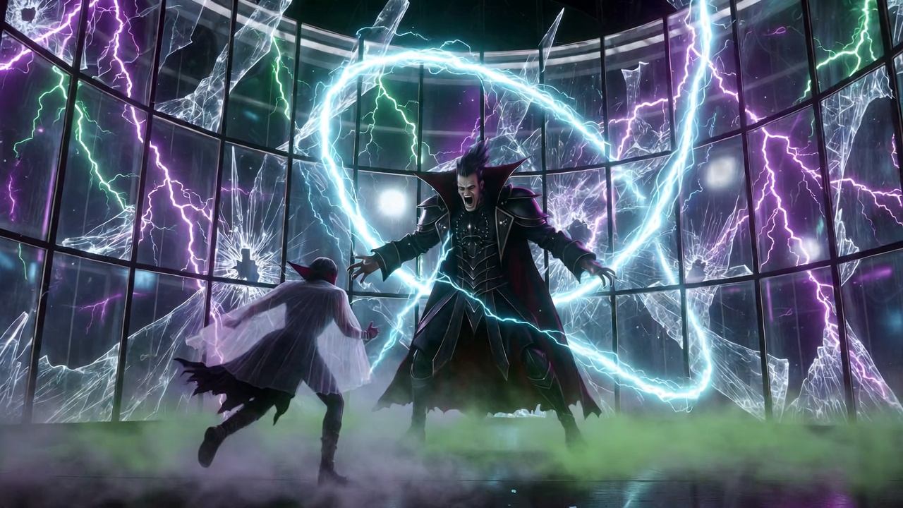 Henry Blackbrew the Doctor boss fight in V Rising showing rotating lasers and player dodge mechanics inside the glass arena