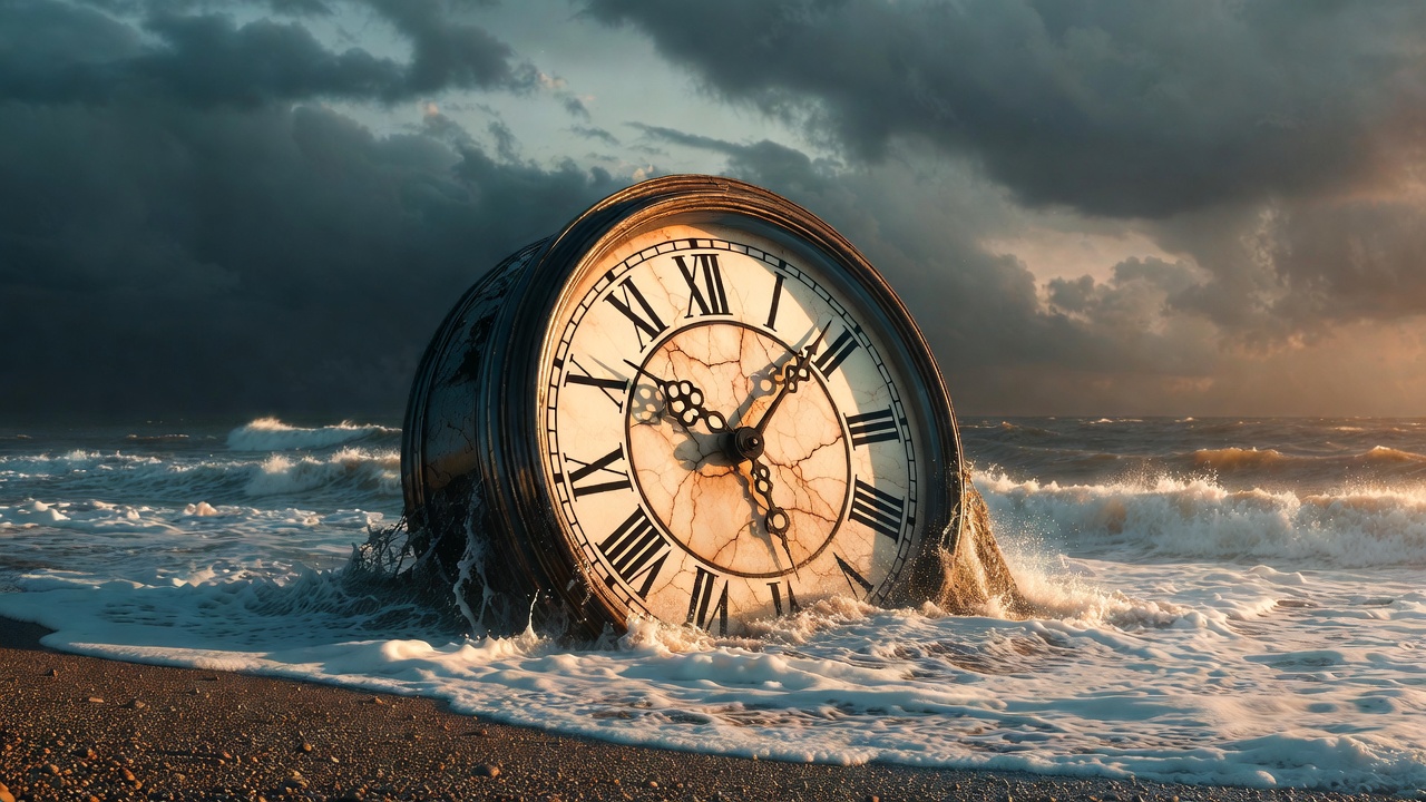 Melting clock engulfed by waves representing time's destructive power in Shakespeare's Sonnet 60.