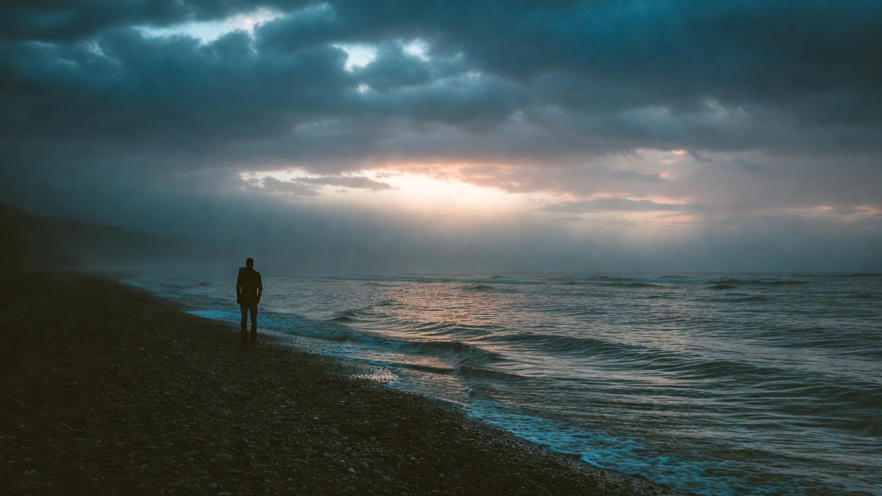 Lonely figure on distant shore evoking injurious distance and longing in Shakespeare's Sonnet 44.